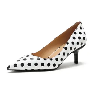 Fashion snake texture cowhide ladies retro polka dot pointed kitten heel shoes