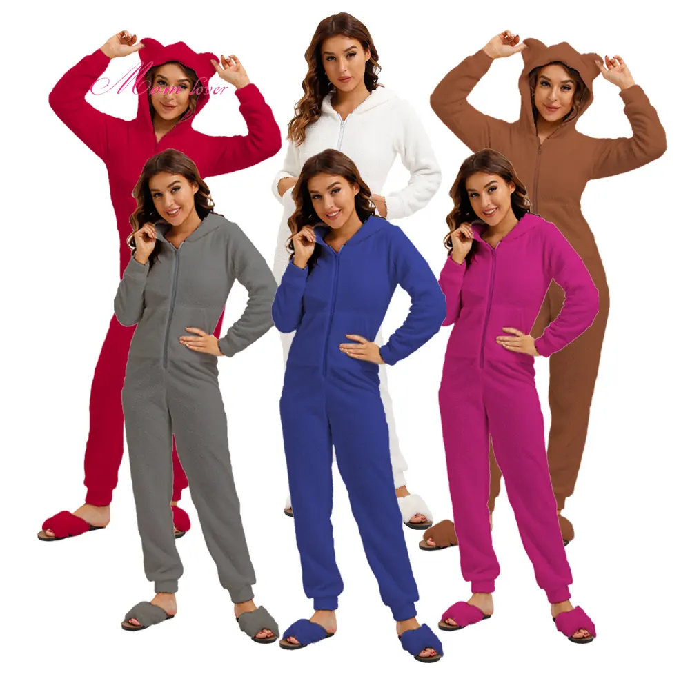 Sherpa — pyjama à capuche pour femmes, couleur unie, mignon, barboteuse, grenouillère, grande taille, ourson, pour <span class=keywords><strong>adultes</strong></span>