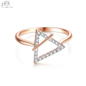 Design Triangle bijoux de mode Simple bague en diamant de haute qualité 18K or Rose massif véritable bague en diamant naturel