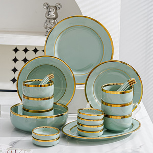 Service de Table en Porcelaine Jetable Haut de Gamme Style Nordique – Luxe pour la Maison : Bols, Assiettes, Baguettes, Soupière, Ensemble Repas Doré - Product Image 3