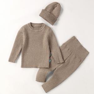 Set Invernale Unisex Pronto per la Spedizione, Completo a Maglia con Maniche Lunghe e Pantaloni Lunghi, Set di 3 Pezzi con Maglione a Coste per Bambini, Motivo Tinta Unita - Product Image 5