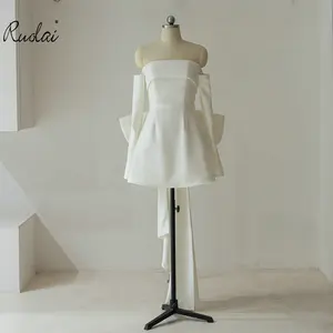 Ruolai QD06322 Vestido de noiva mini com ombro de fora, manga longa e laço grande, vestido de noiva