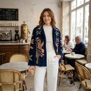 Veste en velours de coton bleu marine pour femme, brodée à la main, motif oiseau éblouissant, style bohème vintage, charme fantaisiste - Product Image 1