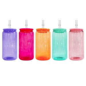 China Warehouse Blank Sublimation 16oz Borosilicate <b>clear</b> Transparent Colored Candy <b>Jelly</b> Beer Glass Can with Plastic Lid - Product Image 4