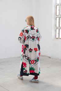 Classic Women's Suzani Hand Embroidered Floral <b>Pattern</b> Canvas <b>Quilted</b> <b>Jacket</b> Autumn Winter Boho Crewel Woven Button 100% Cotton - Product Image 6