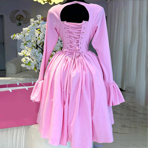 Élégante Robe Femme Coupe Trapèze à Col Rond Manches Longues Taille Haute - Robe Tissée à Motif Uni avec Lien Arrière Tendance - Product Image 2