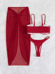 Bikini <span class=keywords><strong>de</strong></span> Tres Piezas para Dama Estilo Retro Rojo, Traje <span class=keywords><strong>de</strong></span> Baño para Playa Hecho con 80% Poliéster y 20% Spandex - Product Image 2