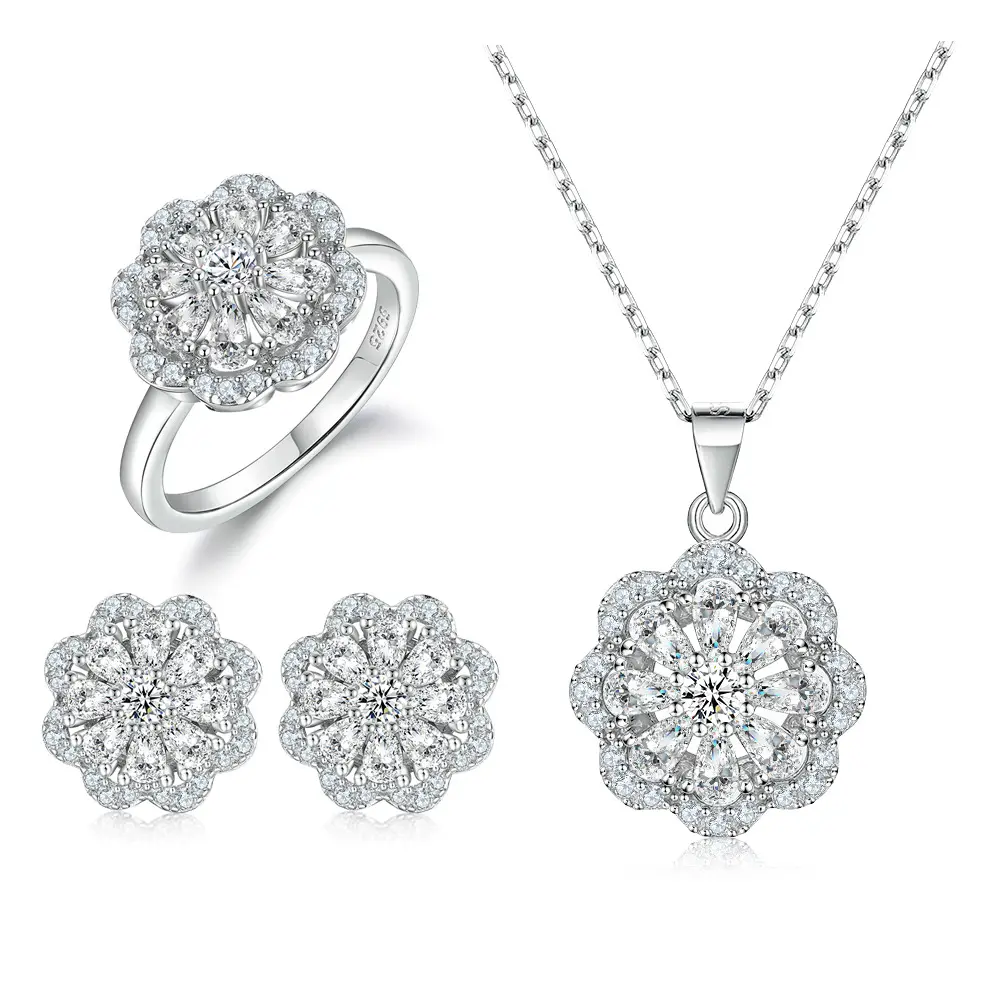 Floral 925 Sterling Silver Necklace And Earrings Set Flower Ring Silver Jewelry Set 925 Sterling Women For Wedding