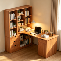 Bureau d'angle en L personnalisé avec bibliothèque, étagères, tiroirs et armoire de rangement, finition bois clair, poignées en relief, pour bureau à domicile