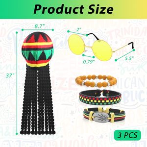 SOLPOP 5 pièces Accessoires <span class=keywords><strong>de</strong></span> fête <span class=keywords><strong>Rasta</strong></span> Cos : Chapeau avec dreadlocks noires, lunettes jaunes, 3 bracelets – Costume <span class=keywords><strong>de</strong></span> <span class=keywords><strong>déguisement</strong></span> Caraïbes - Product Image 3