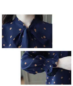 2022 mavi baskı Polka Dot şifon bluz gömlek uzun kollu kadın Blusas Mujer De Moda bayan üstleri