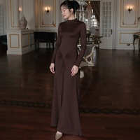 Schlankmachendes, elegantes Kleid für Damen, langärmelig, kaffeefarben, westliche Kleider, Rüschen-Maxikleid, Kleidung