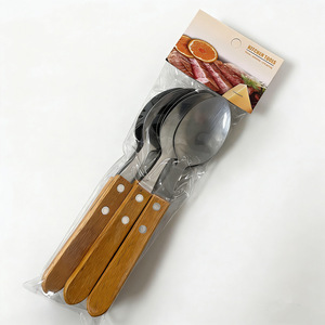 Juego de 6 piezas de cuchillo, tenedor y cuchara de acero inoxidable para comida occidental, con mango de madera, estilo retro, pulido a espejo, para carne. - Product Image 2