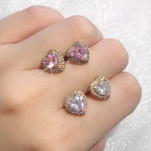 Hoa Tai Đính Kim Cương Thời Trang Hoa Tai Zircon Mạ Vàng Hoa Tai Đính Kim Cương Giả Hình Trái Tim Màu Hồng Dễ Thương Cho Nữ Trang Sức Nữ - Product Image 5