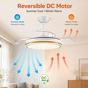 Modern 42 inch White Invisible <b>Ceiling</b> Fan with <b>Light</b> and <b>Remote</b> <b>Control</b> Retractable Blades Reversible DC Motor LED Fan <b>Light</b> - Product Image 4