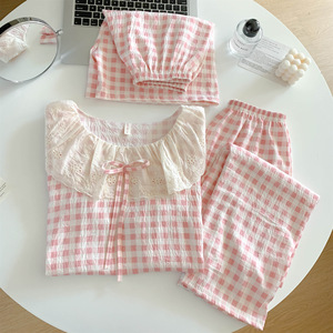 Women's Summer Spring Autumn <b>Lace</b> Cotton Pajamas Big Lapel Neck Short Sleeve <b>Elastic</b> Waist Breathable Soft - Product Image 2