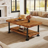 Table basse rectangulaire style ferme en bois massif à 2 niveaux avec bord naturel et pieds en métal, table d'appoint basse pour salon, mobilier de maison