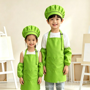Delantales infantiles de talla única con mangas y bolsillo para dibujar, hornear, cocinar, gorro de chef, color sólido, antimanchas, ropa para niños - Product Image 2