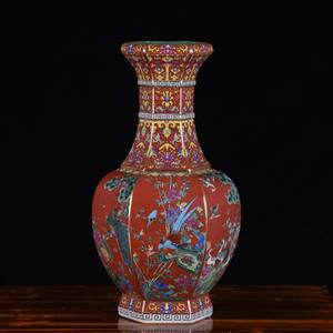 Vase hexagonal en porcelaine antique de l'ère Qing Qianlong, art déco, <span class=keywords><strong>bleu</strong></span> <span class=keywords><strong>et</strong></span> <span class=keywords><strong>or</strong></span>, fleurs <span class=keywords><strong>et</strong></span> oiseaux, émaillé, céramique, écologique, pour la maison - Product Image 2