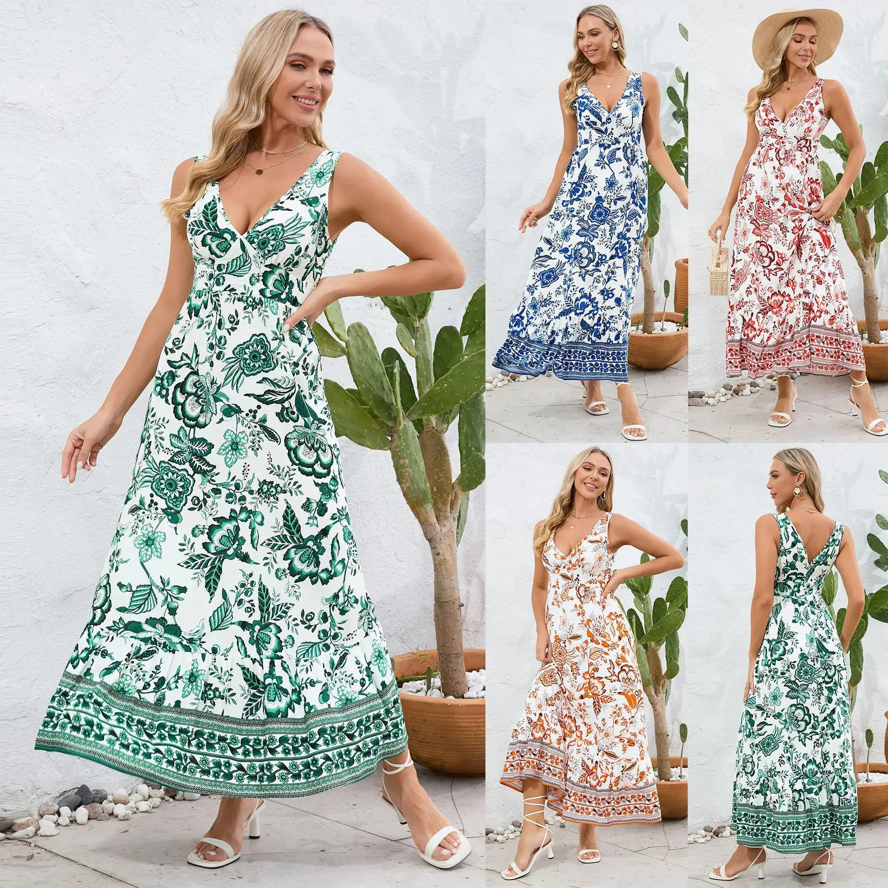 2024 Summer New Arrivals Luxury Ladies Women's Vintage Flower Flared Midi Dress Floral Printed Modest Elastic Loose Silhouette