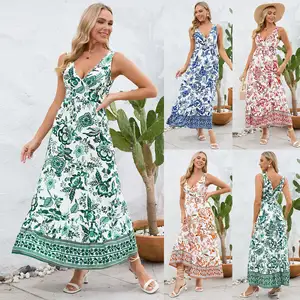 Vestido midi feminino de luxo com estampa floral, novo vestido feminino de luxo com flores e estampa floral, modesto, elástico e solto, novidade de verão de 2024