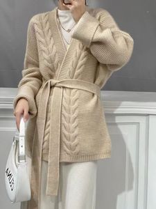 Cárdigan de lana 100% grueso de siete agujas para <span class=keywords><strong>mujer</strong></span> de estilo perezoso suelto sin botones de longitud media personalizado chaqueta de suéter LARGO DE Cachemira - Product Image 2