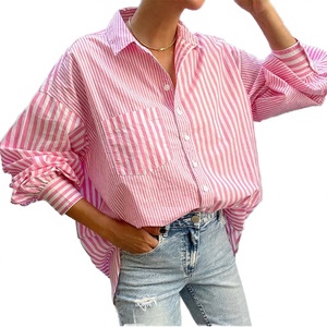 Camisa de Mujer a Rayas Rosas de Manga Larga con Botones, Corte Holgado, Manga Abullonada, Cuello Camisero, Informal, para Primavera/Verano - Product Image 3