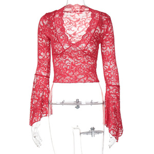 Di alta qualità nuovo stile Sexy profondo V sottile <span class=keywords><strong>manica</strong></span> <span class=keywords><strong>lunga</strong></span> da donna Versatile stile corto <span class=keywords><strong>pizzo</strong></span> a maniche lunghe Top in <span class=keywords><strong>pizzo</strong></span> OEM - Product Image 5