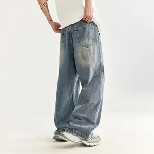 Giyim üreticileri baskı sıkıntılı unisex özel denim geniş bacak pantolon baggy kot adam erkek kot erkekler