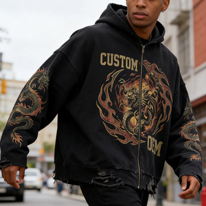 เสื้อฮู้ดดี้ผู้ชายทรงบ็อกซี่ ซิปหน้า ผ้าหนา 400 GSM สไตล์วินเทจ ขาดๆ รุ่ยๆ พิมพ์ลายตามสั่ง OEM ไซส์ใหญ่พิเศษ - Product Image 3
