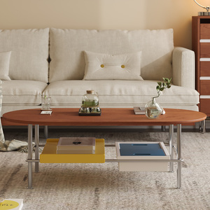 Wood Coffee Table Oval Stainless Steel Frame Storage <b>Shelf</b> Living Room Furniture - Product Image 3