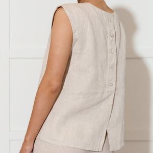 Nueva Llegada, Top Minimalista Ligero sin Mangas con Cuello Redondo y Botones en la Espalda, Blusa de Lino para Mujer - Product Image 4