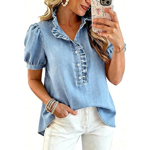 <span class=keywords><strong>Chemise</strong></span> en <span class=keywords><strong>jean</strong></span> 100 % coton pour <span class=keywords><strong>femme</strong></span>, décontractée, à volants, boutonnée, style chemisier, manches courtes bouffantes, été 2026 - Product Image 1