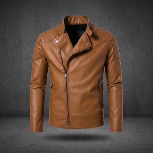 Veste moto en cuir PU marron pour homme, col montant, fermeture éclair, coupe ajustée, pour l'automne - Product Image 3