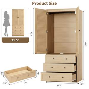 Armoire moderne en chêne à 2 portes et 3 tiroirs, autoportante, en bois, pour chambre, appartement, hôtel, placard, meuble de rangement RTA pour vêtements - Product Image 4