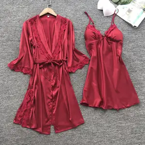 Robe De nuit Sexy en Satin, soie, grande taille, vêtements De nuit sexuels, Pyjama pour femmes, rouge, livraison directe