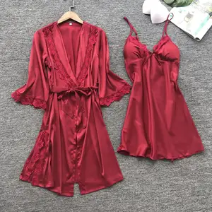 Plus Size Nachtjapon Sexy Nachtjapon Sex Nachtkleding Robe De Soiree Pijamas Adulto Satijn Zijde Pyjama Vrouwen Rood Dropship Pyjama Voor lady