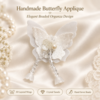 Applique papillon 3D perlée, patch en organza fait main avec cristaux et pompons pour accessoires capillaires, chapeaux, chaussures, mariages et décorations DIY