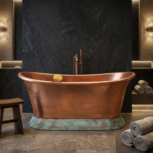Baignoire autoportante ovale en cuivre, artisanale, avec base à jupe, pour la maison et les hôtels - Indian Home Crafts - Product Image 1