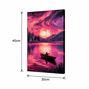 Stampa Giclée <span class=keywords><strong>su</strong></span> <span class=keywords><strong>Tela</strong></span> in Poliestere 30x40cm, Tramonto Viola sul Lago con Pescatore, Stile <span class=keywords><strong>Van</strong></span> <span class=keywords><strong>Gogh</strong></span>, Arte Murale Digitale HD Non Tenduta - Product Image 2
