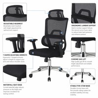 Chaise de bureau ergonomique à dossier haut en maille avec base chromée, appui-tête, soutien lombaire et roulettes pivotantes pour bureau à domicile et bureau de jeu