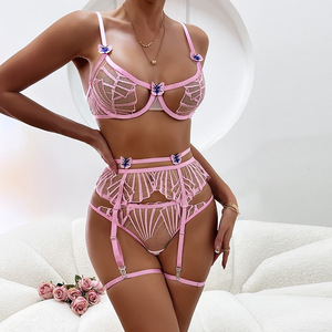 New 3D Embroidered Lingerie Set Sexy High Quality <b>See</b>-<b>through</b> Mesh <b>Bra</b> Brief Set - Product Image 2