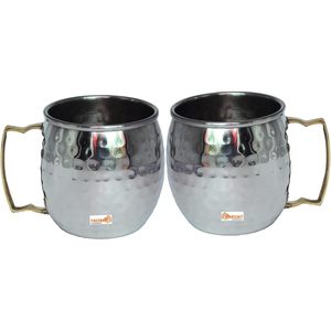 PARIJAT Handicraft Set 4 Stainless Steel Moscow Mule Mugs 16 Ounce <b>Insulated</b> Brass Handle Ceramic Coffee Beer <b>Cup</b> Brass-Handle - Product Image 1