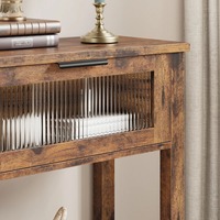 Table console vintage en MDF brun facile à assembler avec 2 tiroirs à façade en verre, étagère inférieure, table d'entrée, table de salon, table de couloir