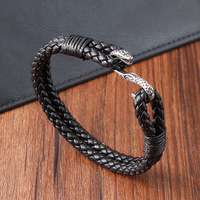 Gelang kulit untuk pria wanita, desain kepala ular antik mewah asli anyaman dan gelang baja tahan karat untuk Perhiasan Pria Wanita