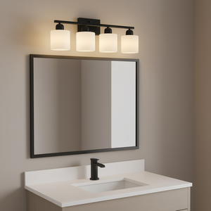 Modern Bathroom <b>Vanity</b> Light 4-Light Black Iron Wall Mounted Frosted Glass Shades E26 Socket <b>LED</b> Warm White 3500K - Product Image 2