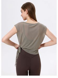 Haut de yoga respirant en maille 2-en-1 pour femme avec soutien-gorge intégré, manches courtes à nouer sur le côté, séchage rapide, idéal pour le Pilates et la gym - Product Image 3