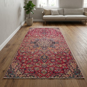 One of the Kind Hand-Knotted Persian <b>Wool</b> Rug with Medallion Pattern Luxurious Vintage Design 9'8 X 2'6 Artisan <b>Crafted</b> - Product Image 3