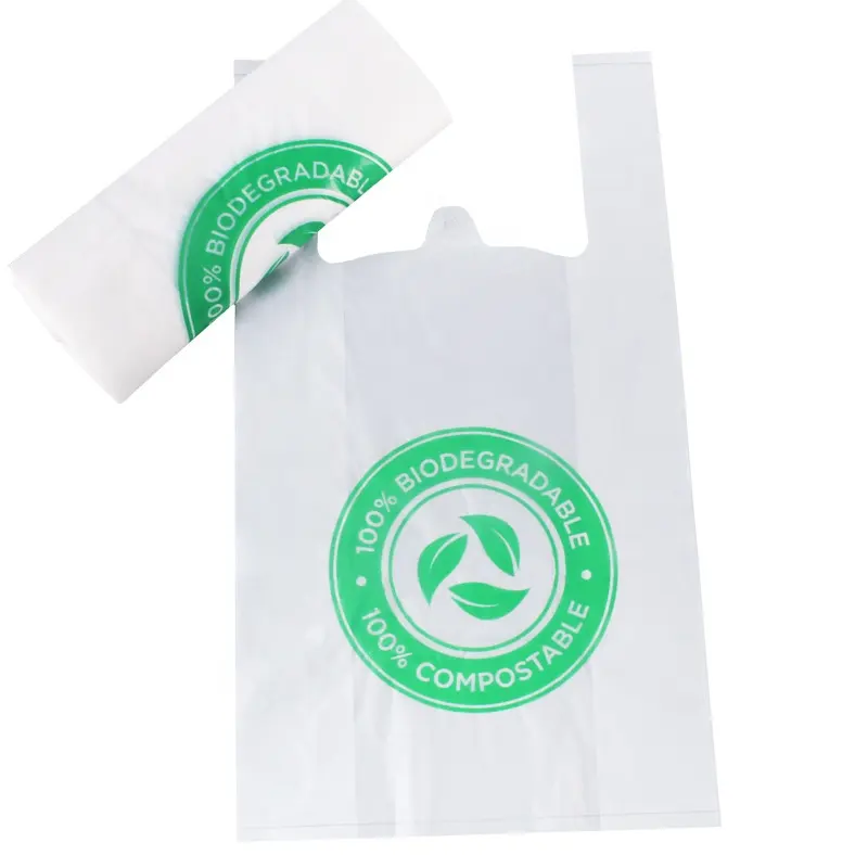 حقيبة تعبئة قابلة للتحلل الحيوي من البلاستيك عالي الكثافة للتسوق والطعام مخصص للمطعم مقبض سترة