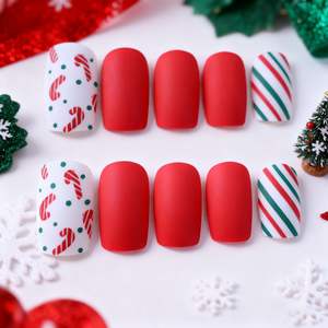 Presse de Noël sur les ongles Ongles de cercueil moyen Mat Rouge Vert Colle sur les ongles Candy Cane Press on Full Cover Stripe Faux ongles - Product Image 6